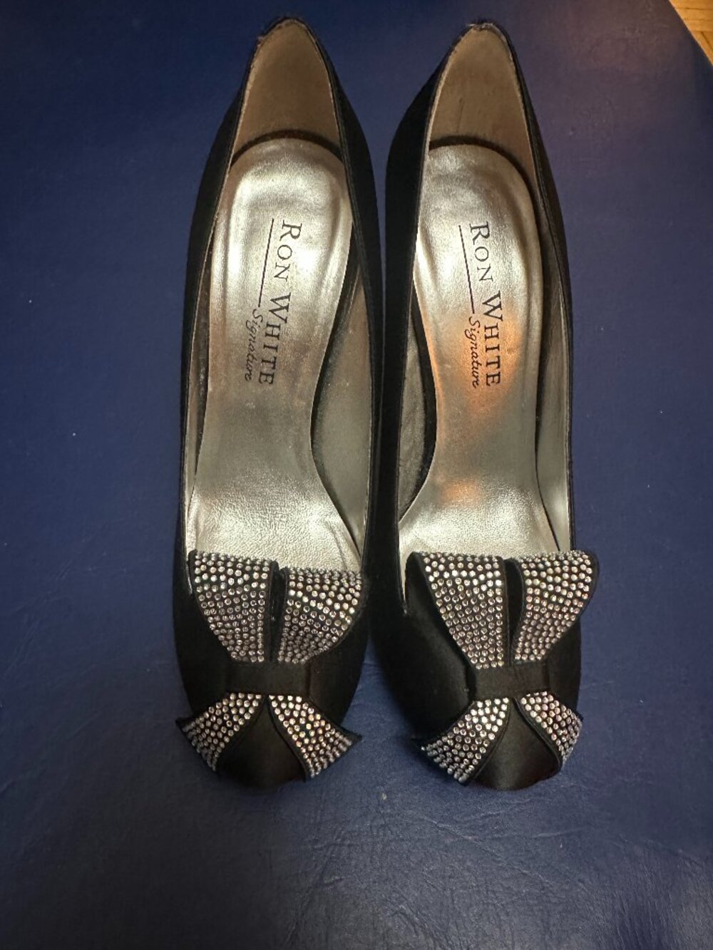 Ron White Pumps (Black Silk Pumps with Crystal Bow)